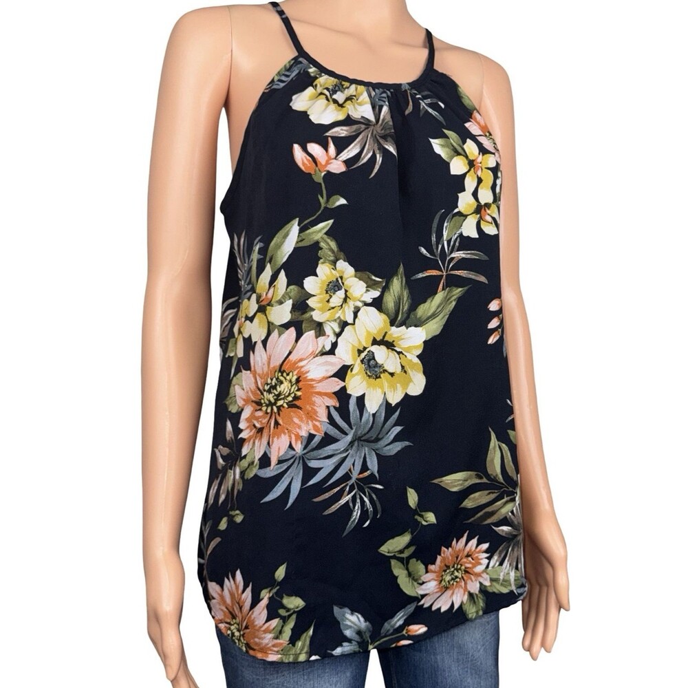 Mind Code Womens Size Small Spaghetti Strap Tank Top Blouse Black Hawaiian Used